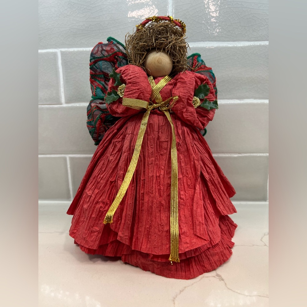 Corn Husk Doll Handcrafted Red Christmas Angel